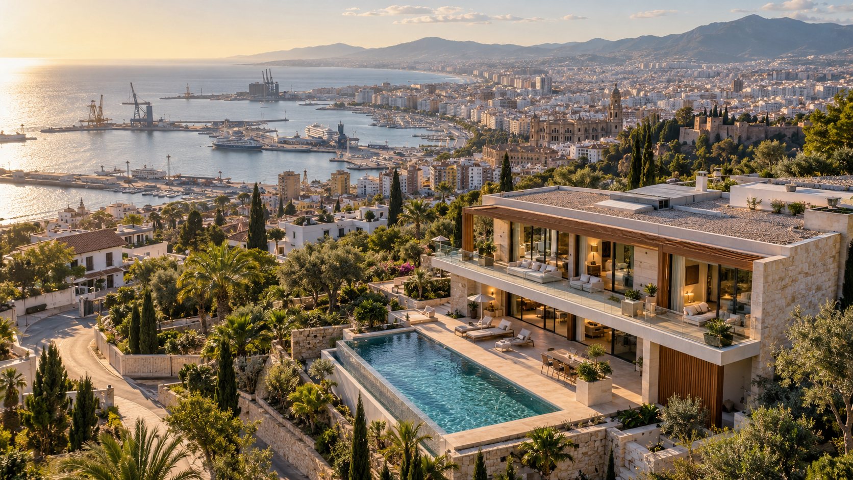 Chalet con piscina sobre la bahía de Málaga visto desde el aire